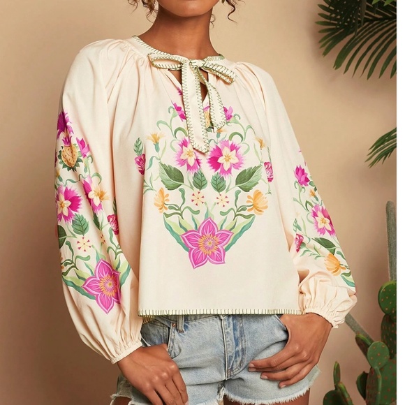 Boho Floral Print Neck Tie Long Sleeve Oversized Blouse - Picture 1 of 6